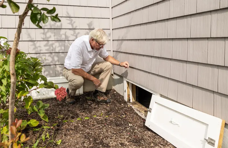 Inspector kneeling at a crawl space opening beside a house